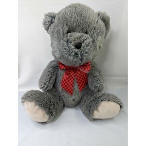 HugFun Gray Bear Plush 12 Inch Red Black Bow Stuffed Animal Toy